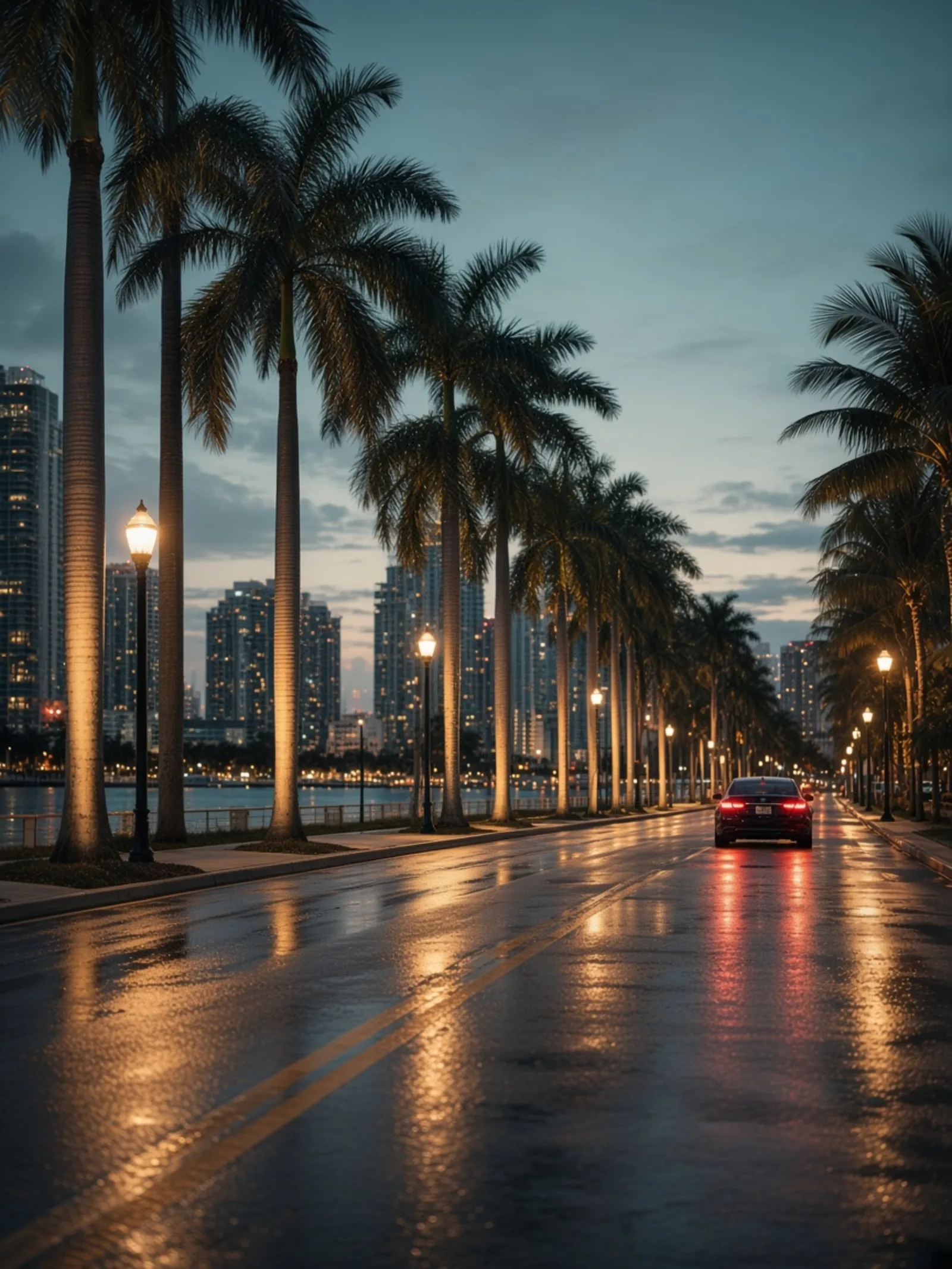 Palm Beach County boulevard at dusk, lined with royal palms