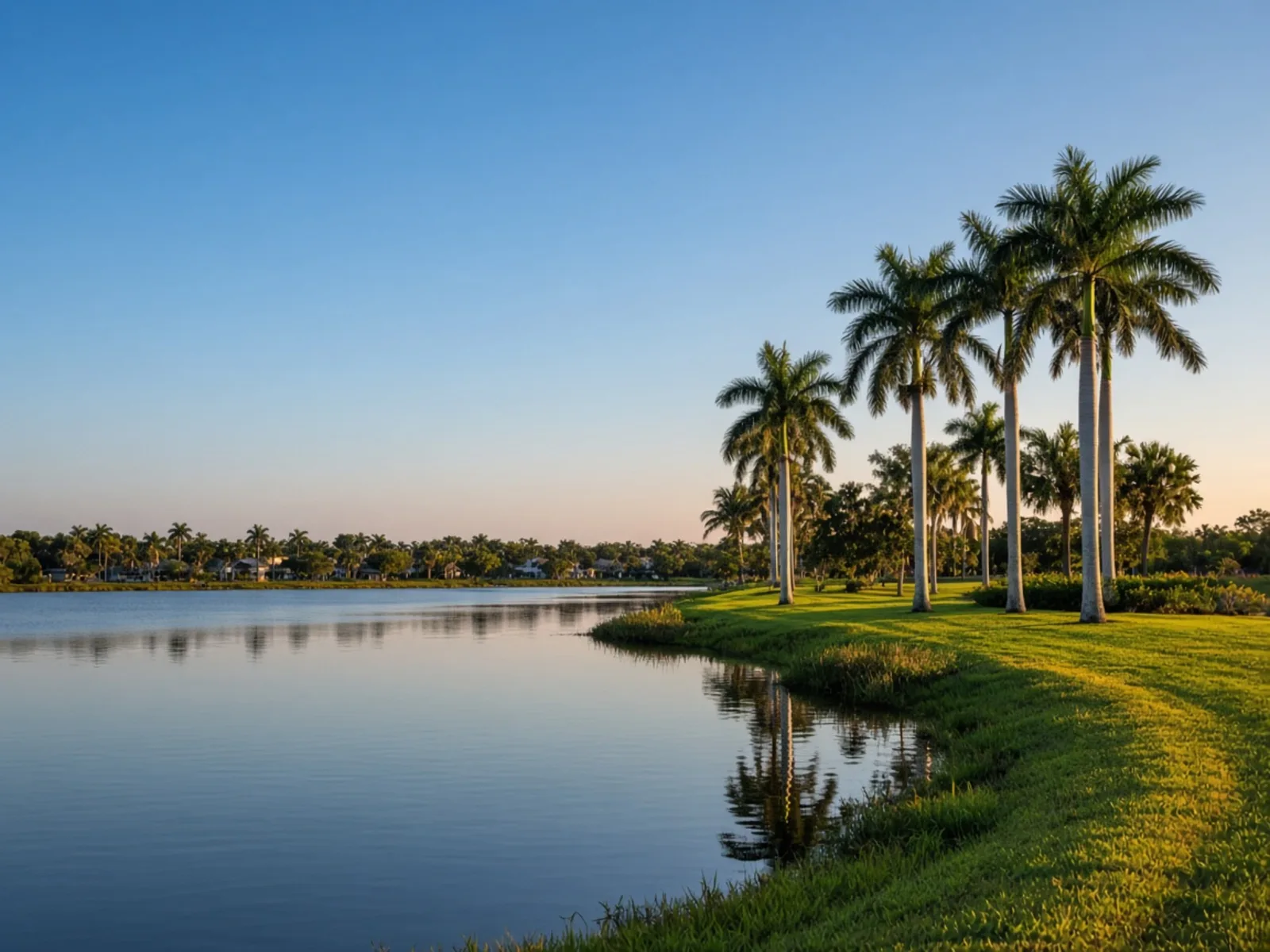 Royal palms along a lake in Palm Beach County, Florida